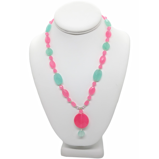 Hot Pink and Aqua Beaded Necklace with Drop Pendant