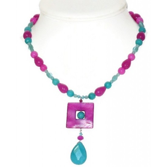 Magenta, Orchid and Teal Necklace with Faceted Jade Shell Pendant