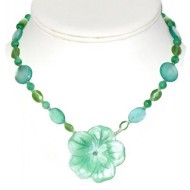 Mint and Apple Green Necklace with Mother-of-Pearl Shell Flower Pendant