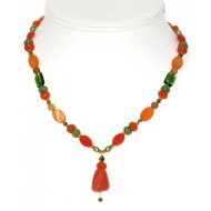 Orange and Olive Green Beaded Necklace with Faceted Jade Pendant