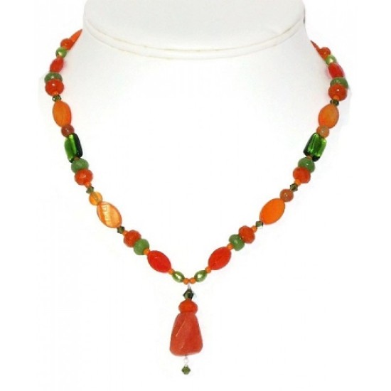Orange and Olive Green Beaded Necklace with Faceted Jade Pendant