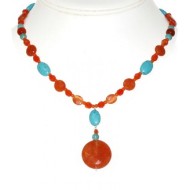 Orange and Turquoise Necklace with Coin-Shaped  Jade Pendant