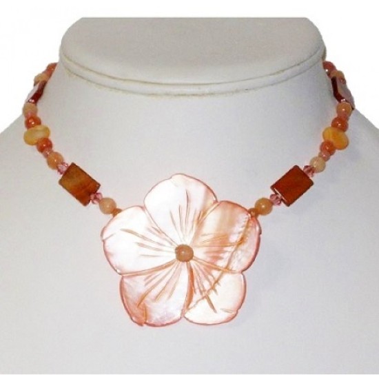 Salmon, Peach and Amber Necklace with Mother-of-Pearl Flower Pendant