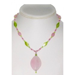 Pink and Apple Green Beaded Necklace with Jade Pendant 