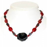 Red and Gray Necklace with Faceted Botswana Pendant