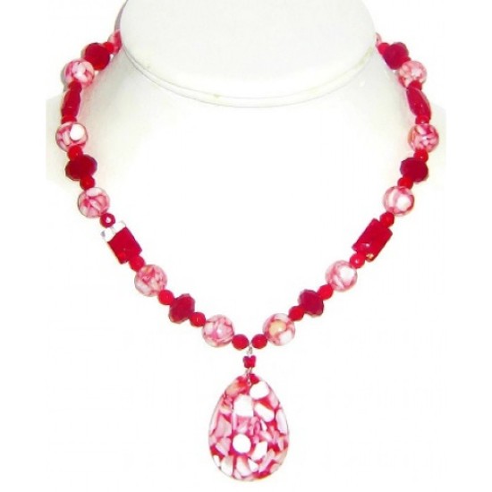 Red and White Necklace with Mosaic Teardrop Pendant with Butterfly Crystal