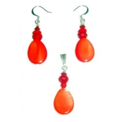 Orange Red Mother of Pearl Teardrop Pendant and Earrings Set with Deep Red Beads