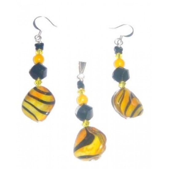 Yellow and Black Zebra Shell Pendant and Earriings Set with Black Butterfly Crystal