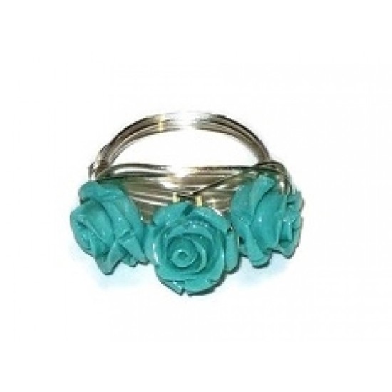 Aqua Three Flower Wire-Wrapped Ring