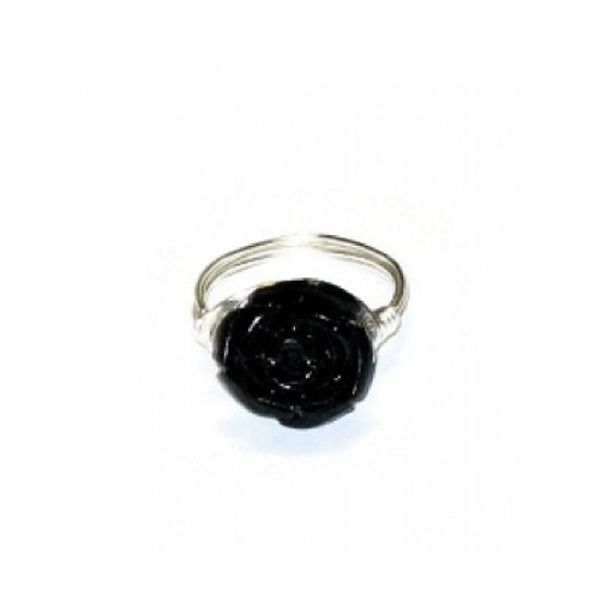 Black Carved Flower Wire-Wrapped Ring