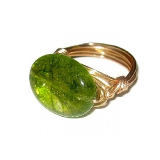 Green Oval Crackle Quartz Wire-Wrapped Ring
