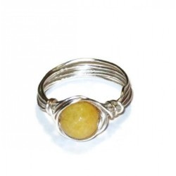 Yellow Jade Wire-Wrapped Ring with Silvertone Wire